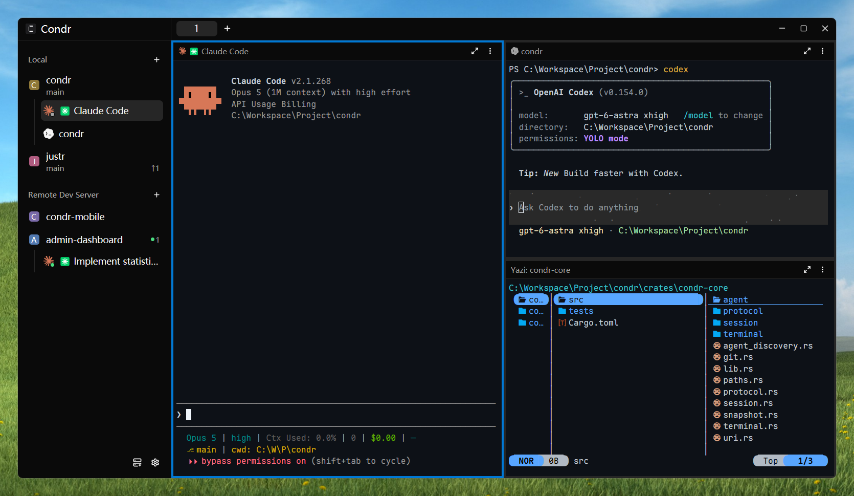 Condr workspace showing Claude Code, Codex, a remote dev server, and multiple terminal panes